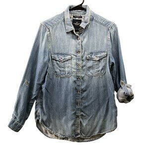 American Eagle Boyfriend Fit Chambray Shirt Womens S Blue Lyocell Roll Tab